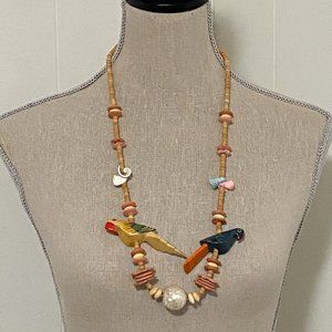 Vintage Wooden Tropical Birds and Shells Necklace